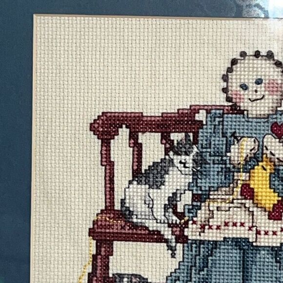 Needlepoint Artwork of Girl With Cats 13" x 10" Framed & Matted grant core - Picture 2 of 8